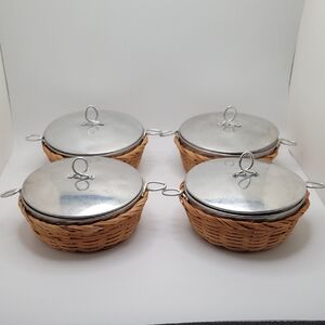 Vintage Metal Lidded Ramekins With Wicker Basket Holders